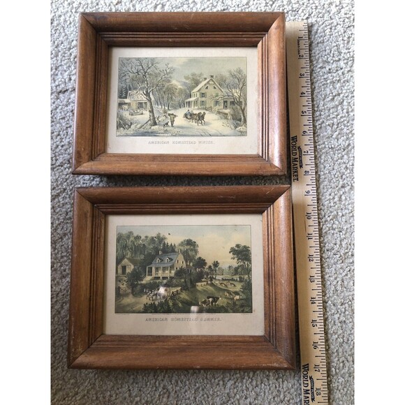 Vintage Currier & Ives Two of Summer Winter Framed Prints “American Homestead”